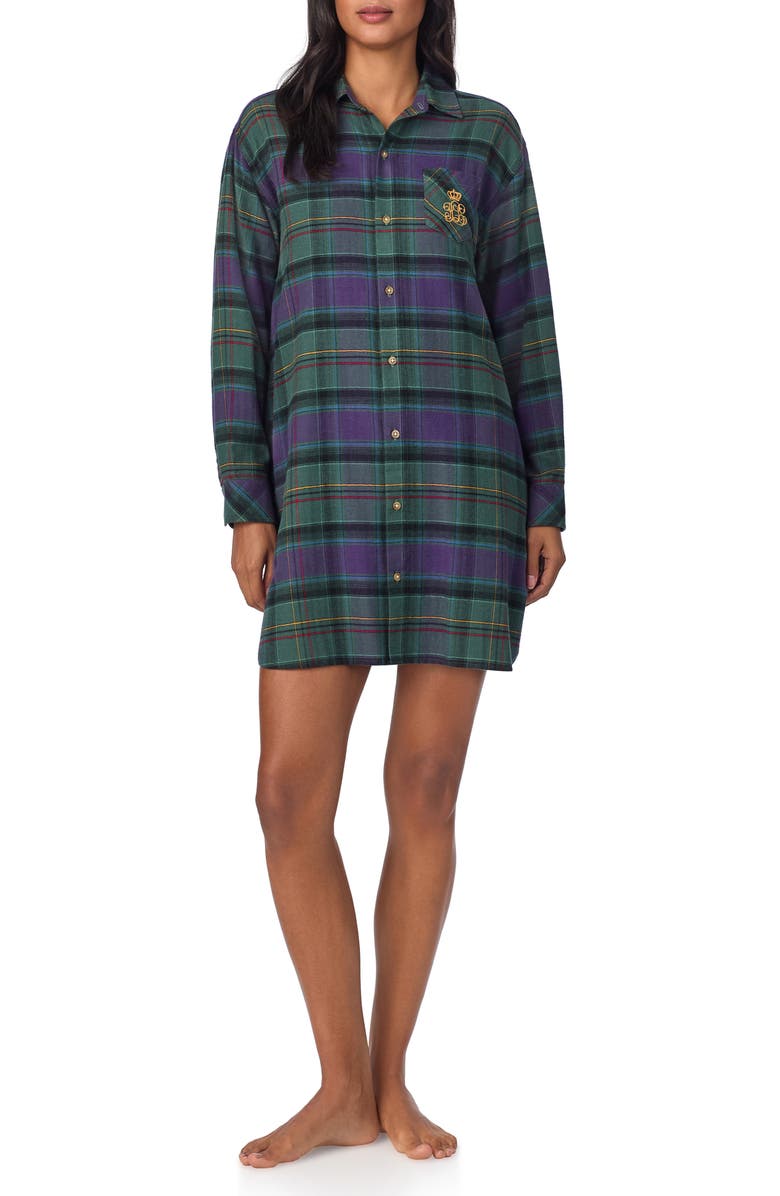 Lauren Ralph Lauren Plaid Flannel Embroidered Sleepshirt, Main, color, 