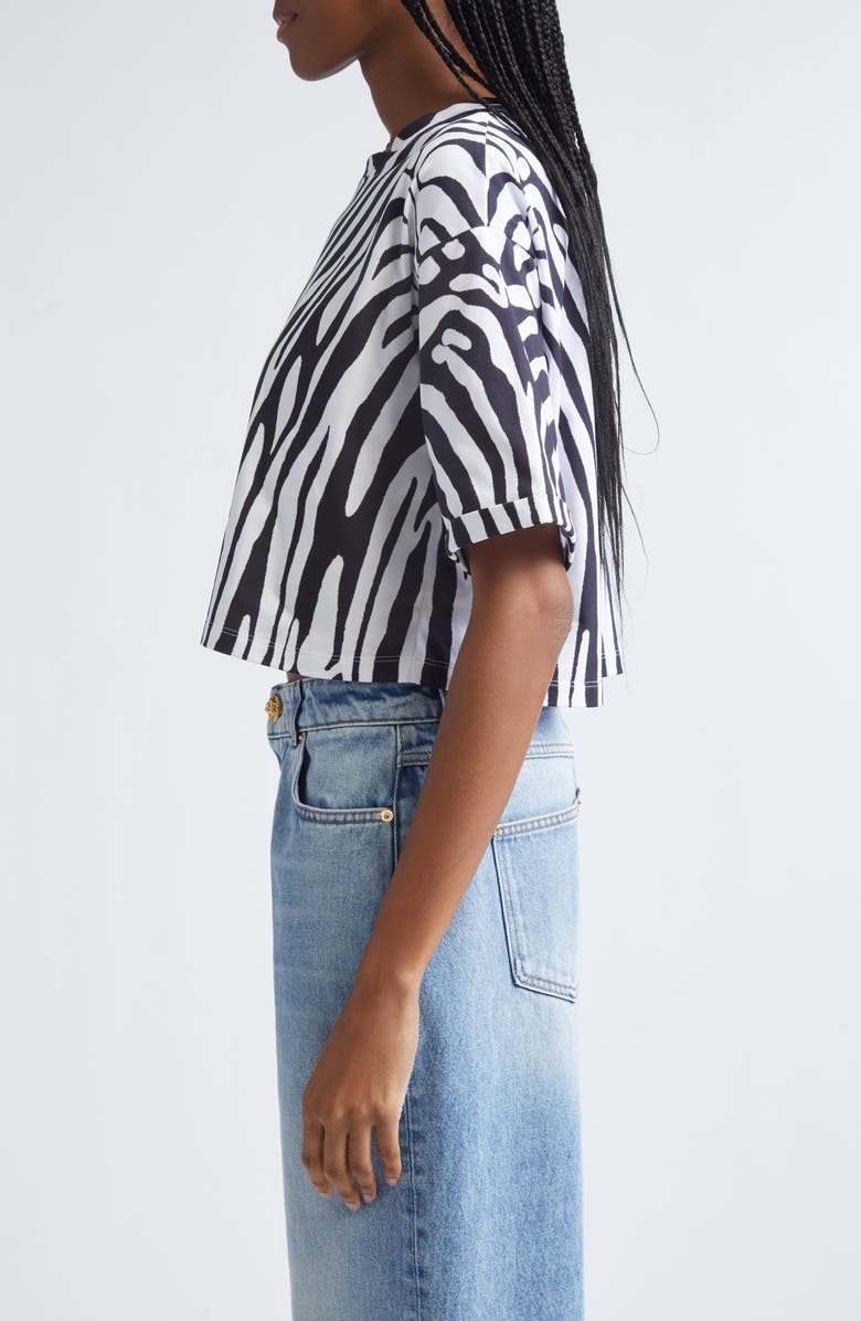 Balmain Logo Zebra Print Crop T-Shirt, Alternate, color, Black/ White