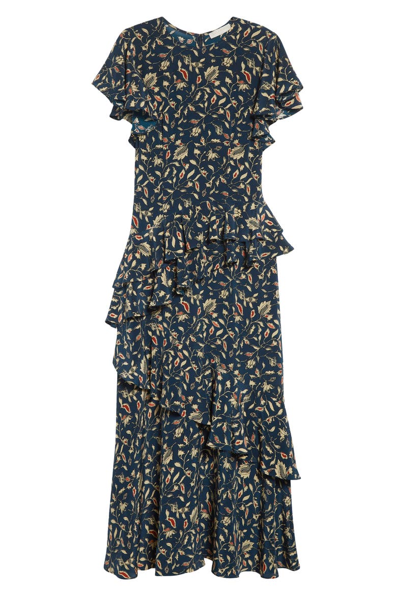 Amaia Ruffle Silk Maxi Dress, Alternate, color, MIDNIGHT GARDEN