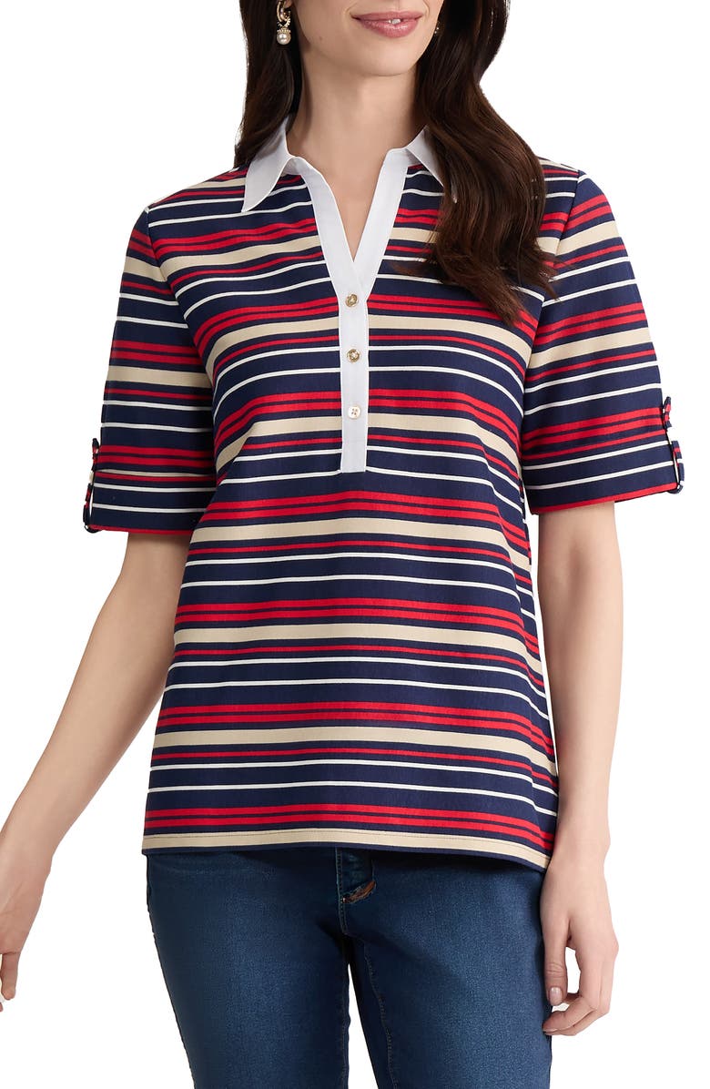 Jones New York Stripe Roll Tab Cuff Polo, Main, color, Pacific Navy Multi