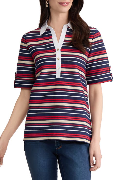 Stripe Roll Tab Cuff Polo (Regular & Petite)