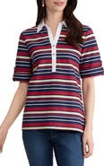 Jones New York Stripe Roll Tab Cuff Polo
