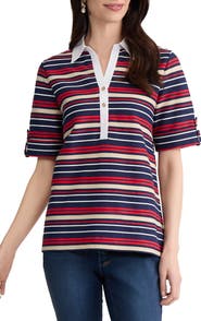 Jones New York Stripe Roll Tab Cuff Polo