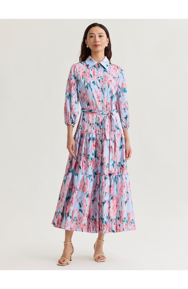 Misook Printed Floral Crepe de Chine Tiered Maxi Dress, Main, color, Pink/Blue/Biscotti/Black
