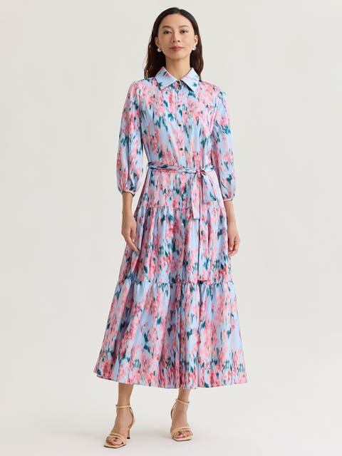 Printed Floral Crepe de Chine Tiered Maxi Dress