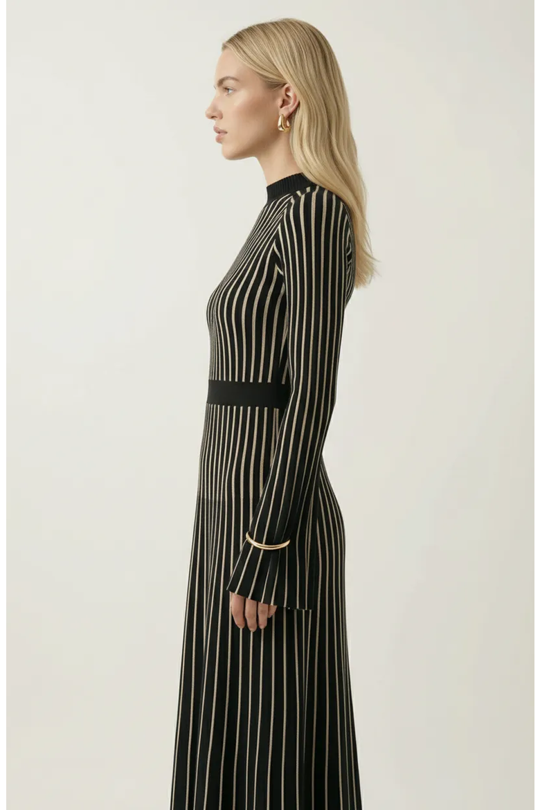 Striped Rib-Knit Long Sleeve Maxi Dress with Mock Neck, Alternate, color, Black / White Stripe