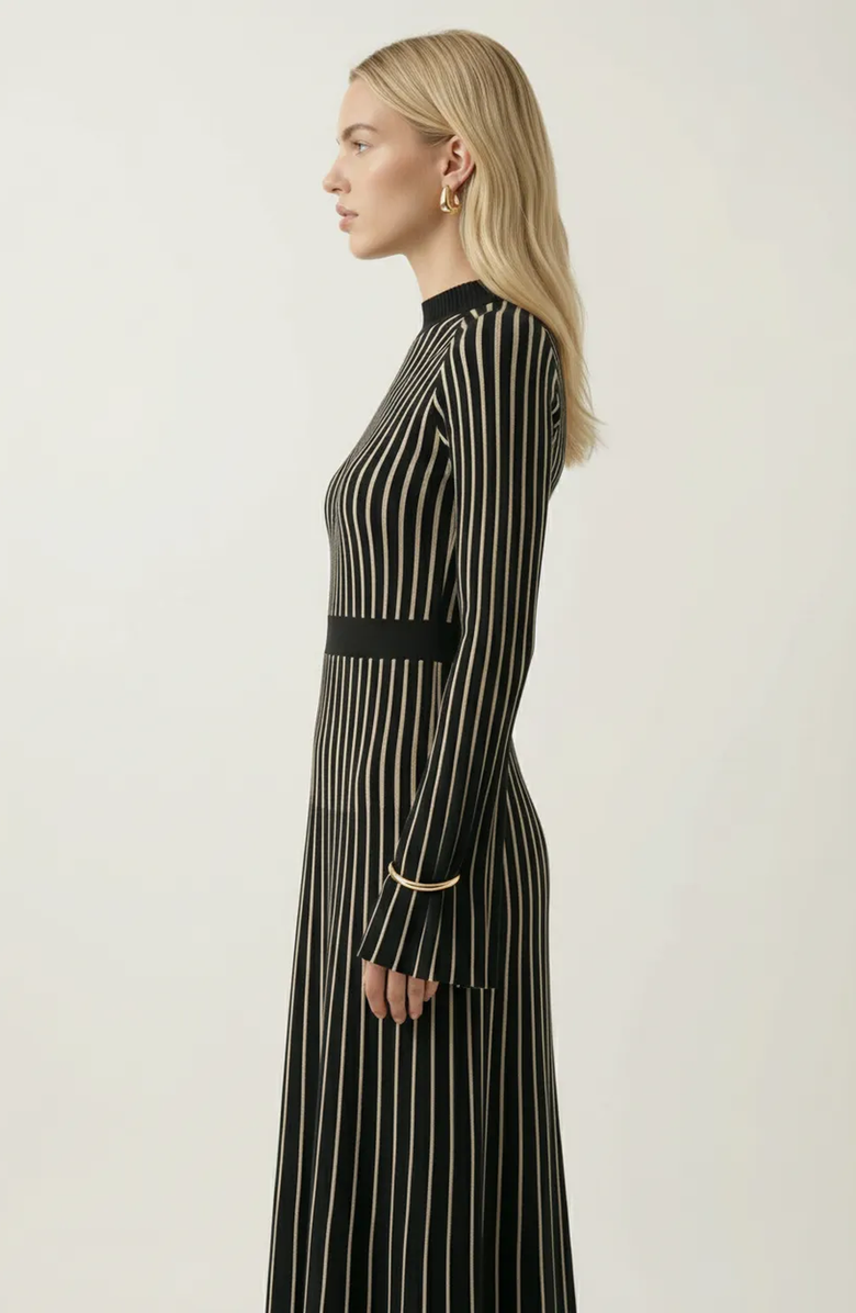 Modenaire Striped Rib-Knit Long Sleeve Maxi Dress with Mock Neck, Alternate, color, Black / White Stripe