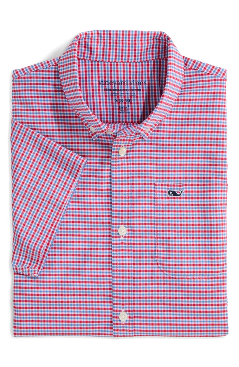 vineyard vines Kids' Tattersall Short Sleeve Performance Button-Up Shirt, Alternate, color, 