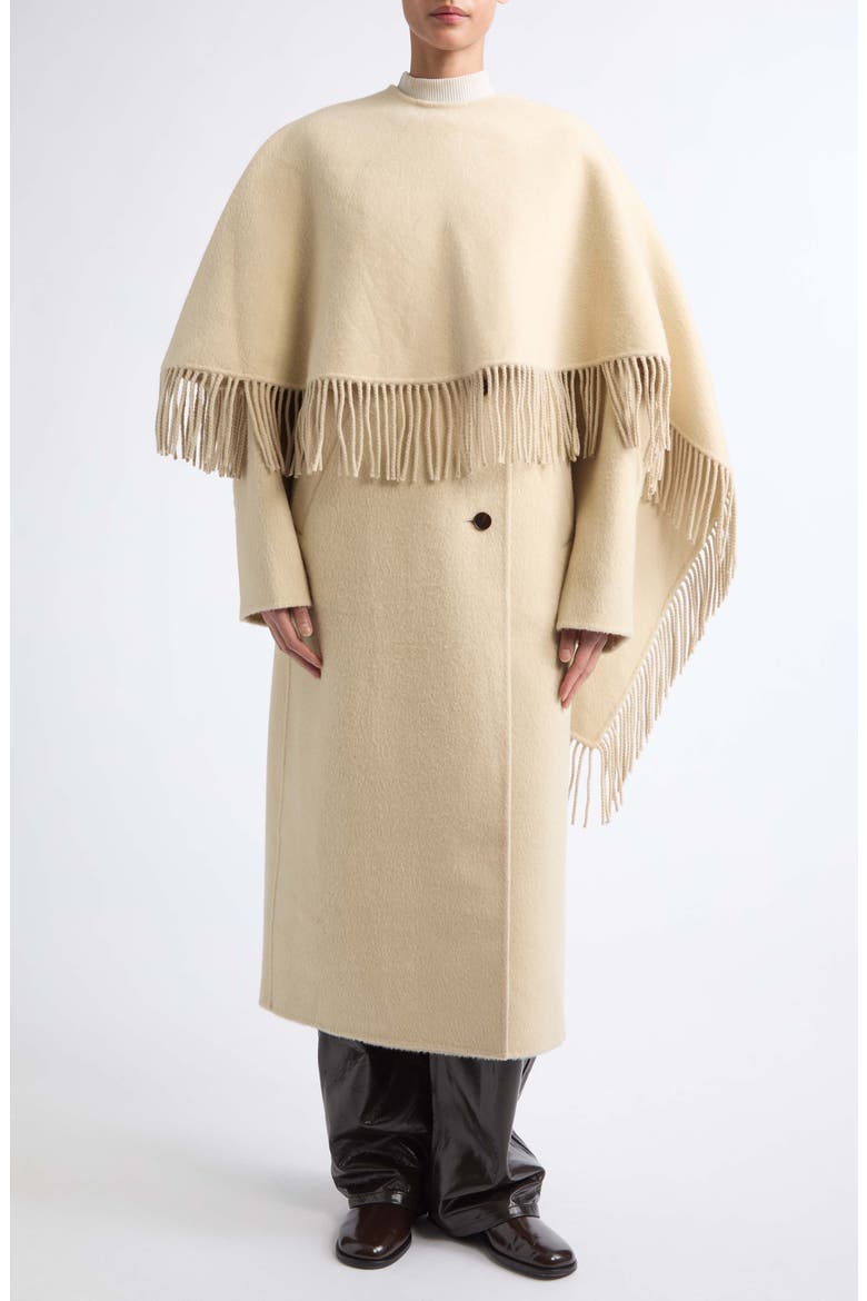 Fringe Wool & Alpaca Double Face Coat with Cape, Main, color, BUTTER