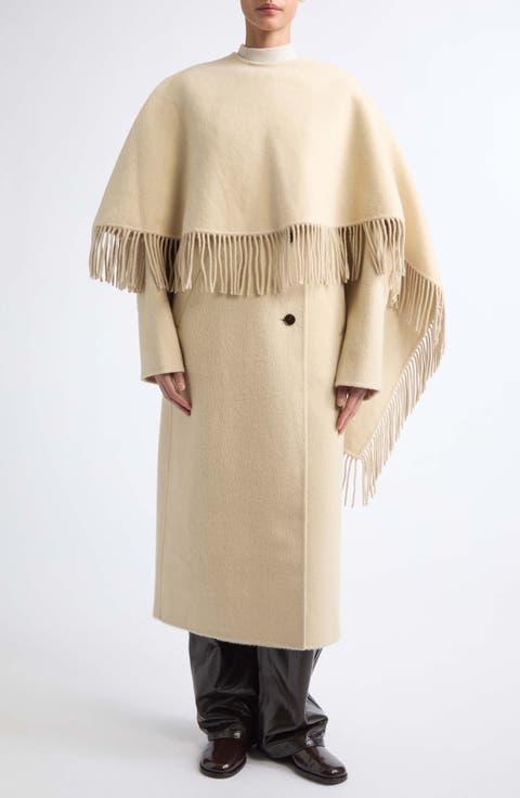 Fringe Wool & Alpaca Double Face Coat with Cape