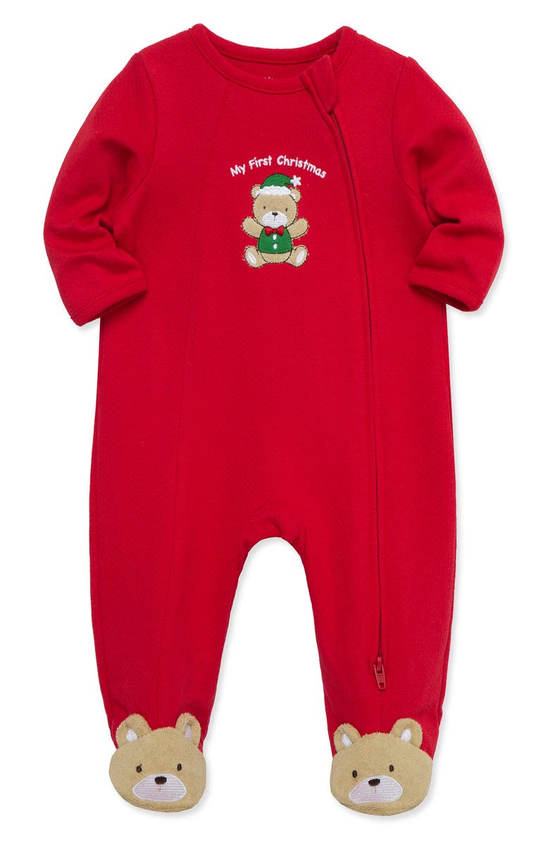Little Me Holiday Bear Cotton Footie, Alternate, color, Red