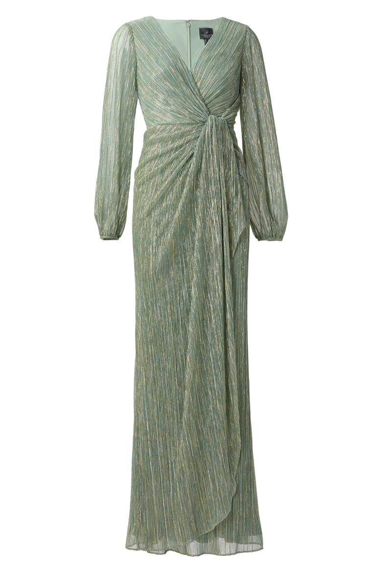 Metallic Long Sleeve Mesh Evening Gown, Alternate, color, GREEN SLATE