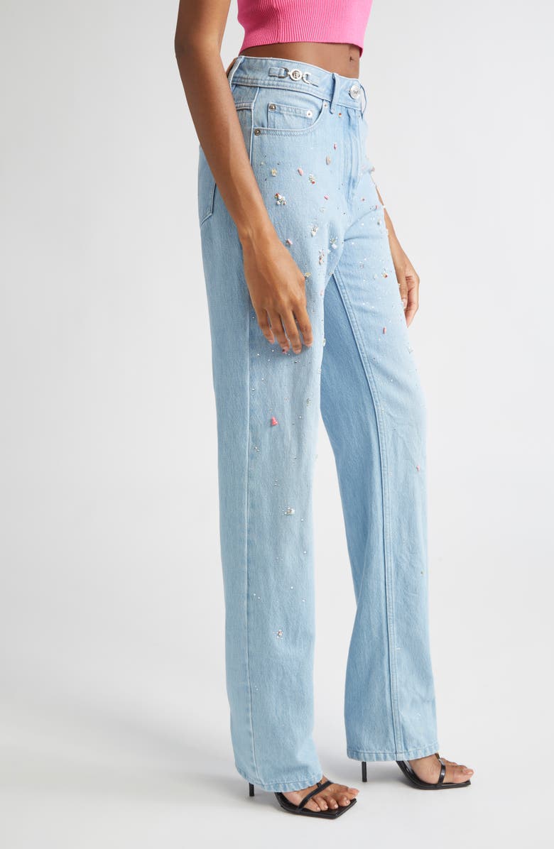 Versace Embellished Straight Leg Jeans, Alternate, color, Light Blue