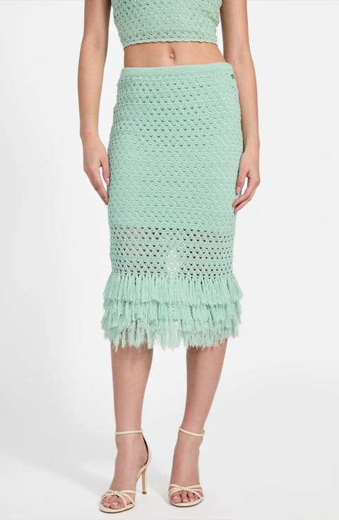 Luca Fringe Hem Open Stitch Midi Skirt