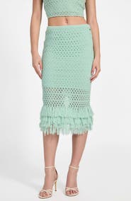GUESS Luca Fringe Hem Open Stitch Midi Skirt