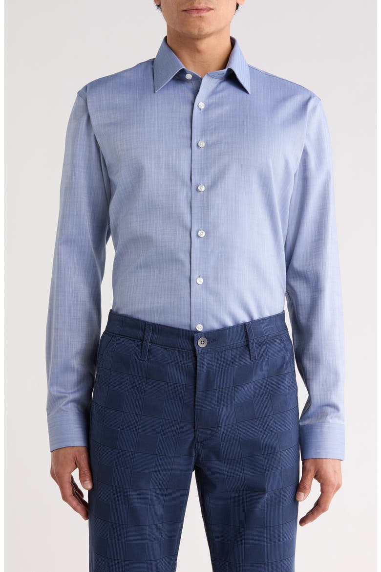 Premium Trim Fit Herringbone Cotton Twill Dress Shirt, Main, color, CHAMBRAY HERRINGBONE