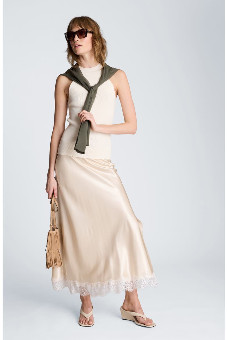 Lace Trim Satin Midi Skirt, Alternate, color, OYSTER