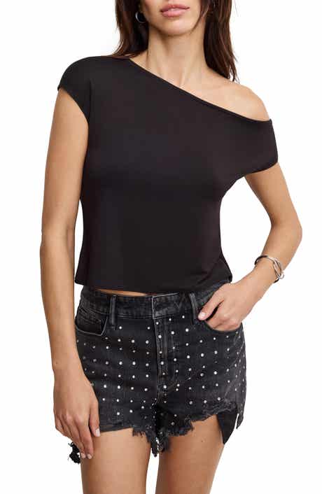 Good American Asymmetric Off the Shoulder Jersey Top