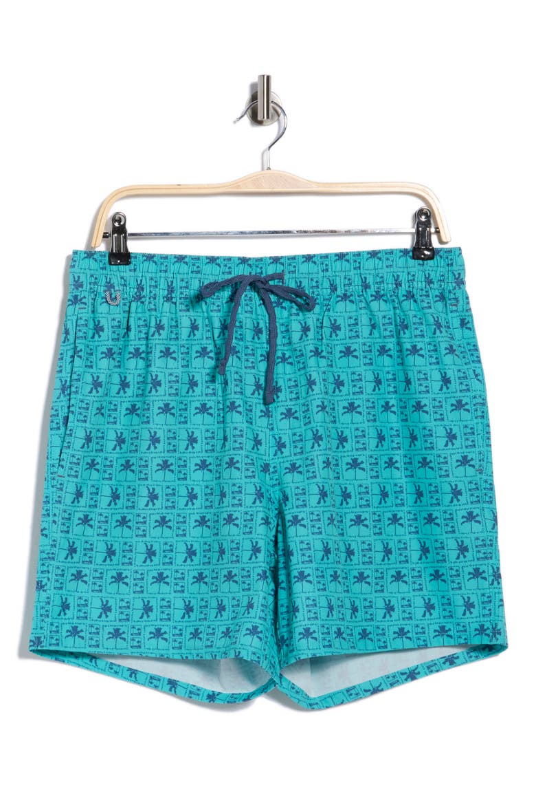 Palm Grid Swim Trunks, Alternate, color, BLUE TURQ COMBO