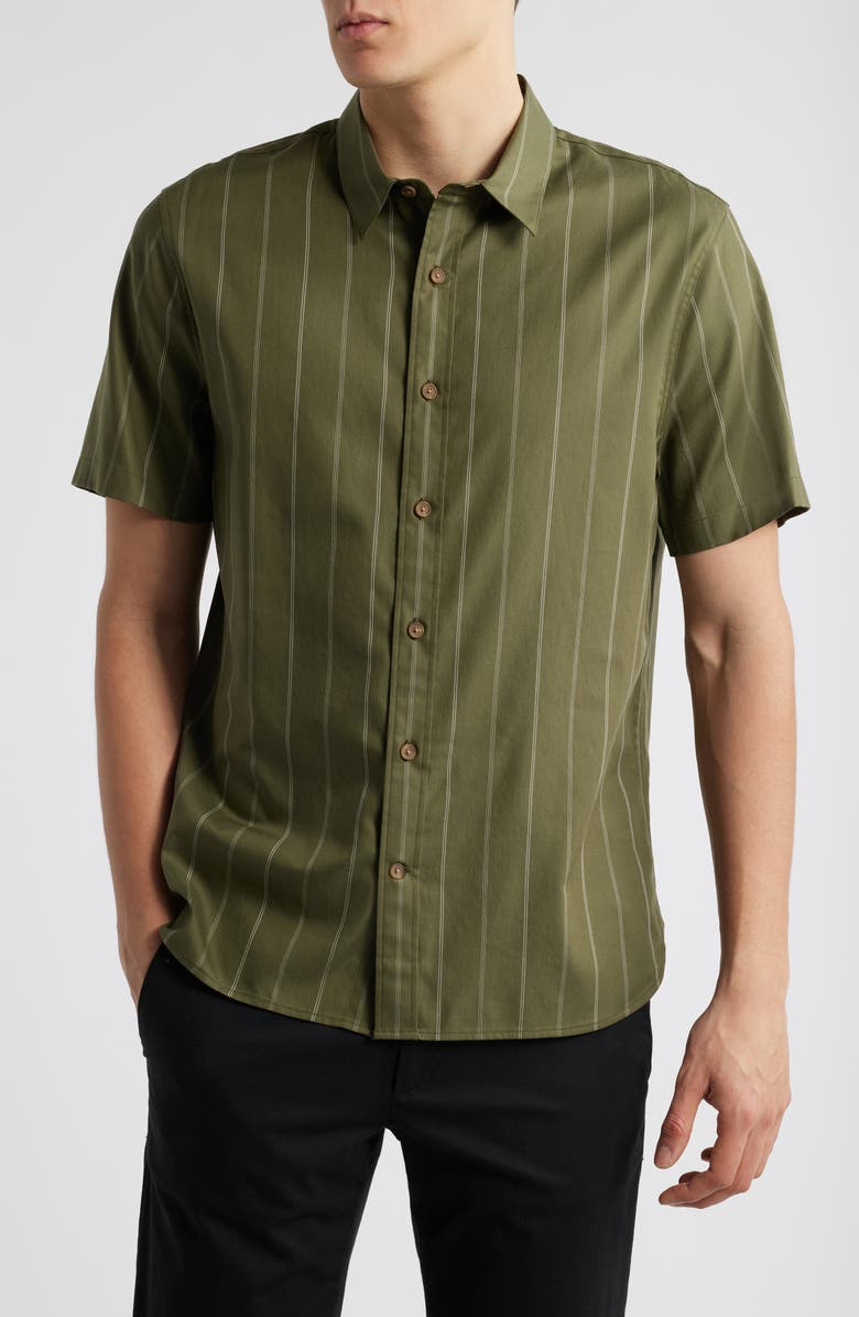 Vince Soft Stripe Short Sleeve Button-Up Shirt, Main, color, Dk Artichoke Combo