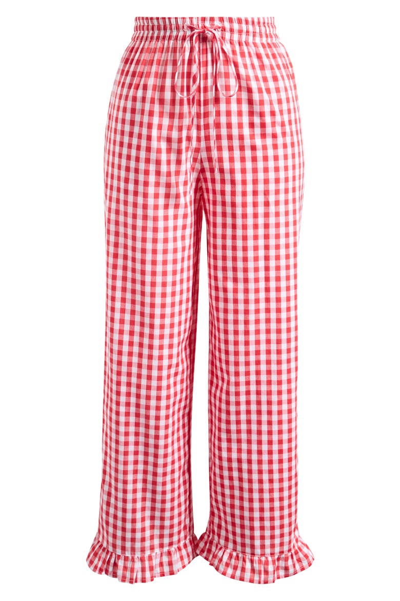 Marina Gingham Ruffle Hem Cotton Pants, Alternate, color, RED GINGHAM