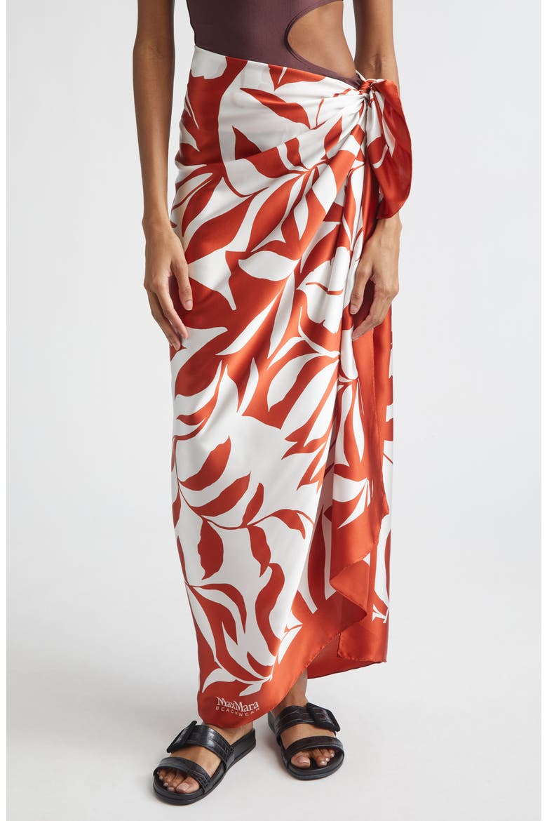Beachwear Foam Leaf Print Silk Scarf, Main, color, CORAL