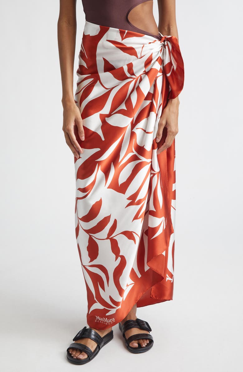Max Mara Beach Foam Leaf Print Silk Scarf, Main, color, Coral