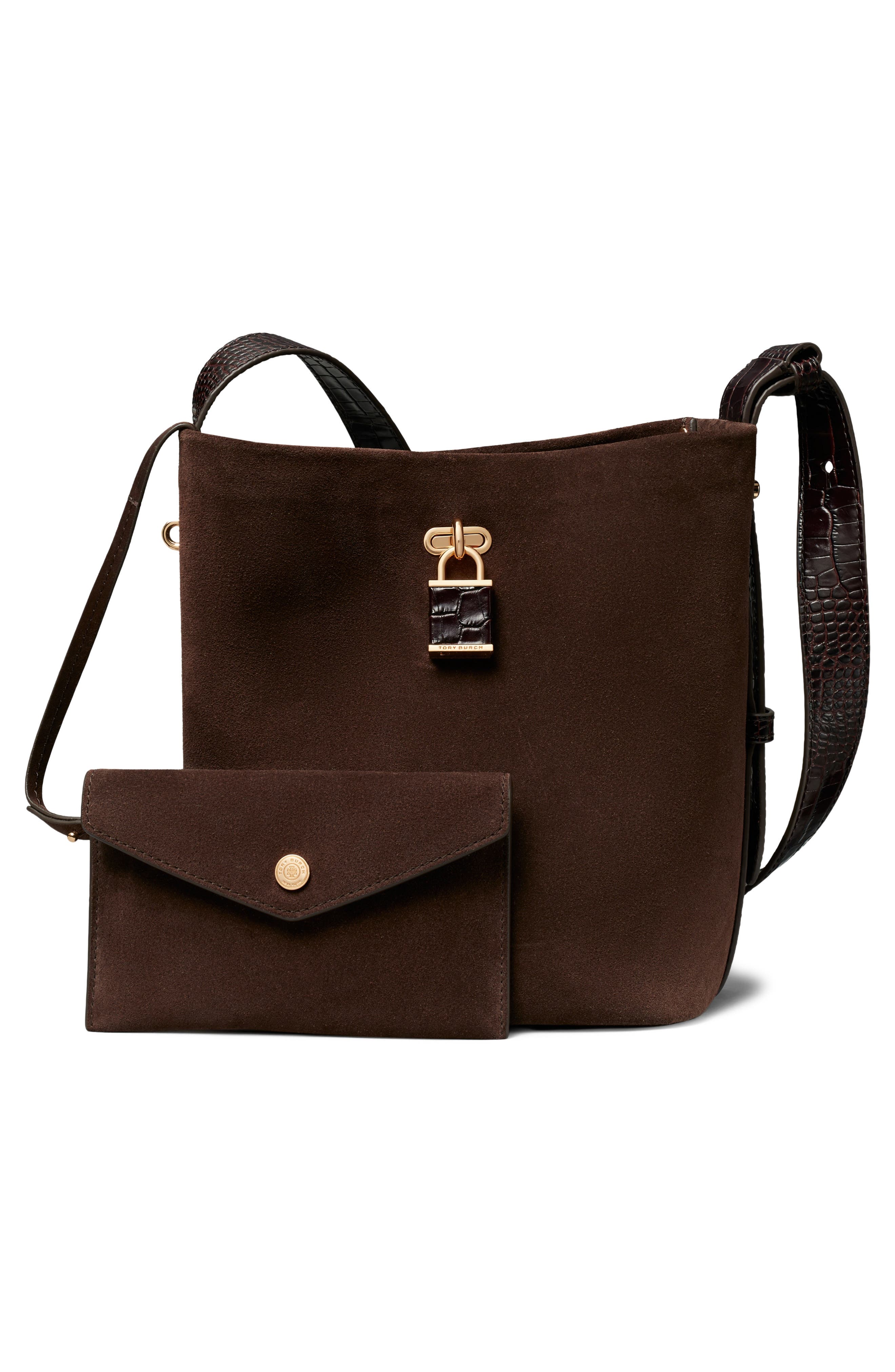 Lock Suede Slim Medium Bucket Bag, Alternate, color, DARK COCO