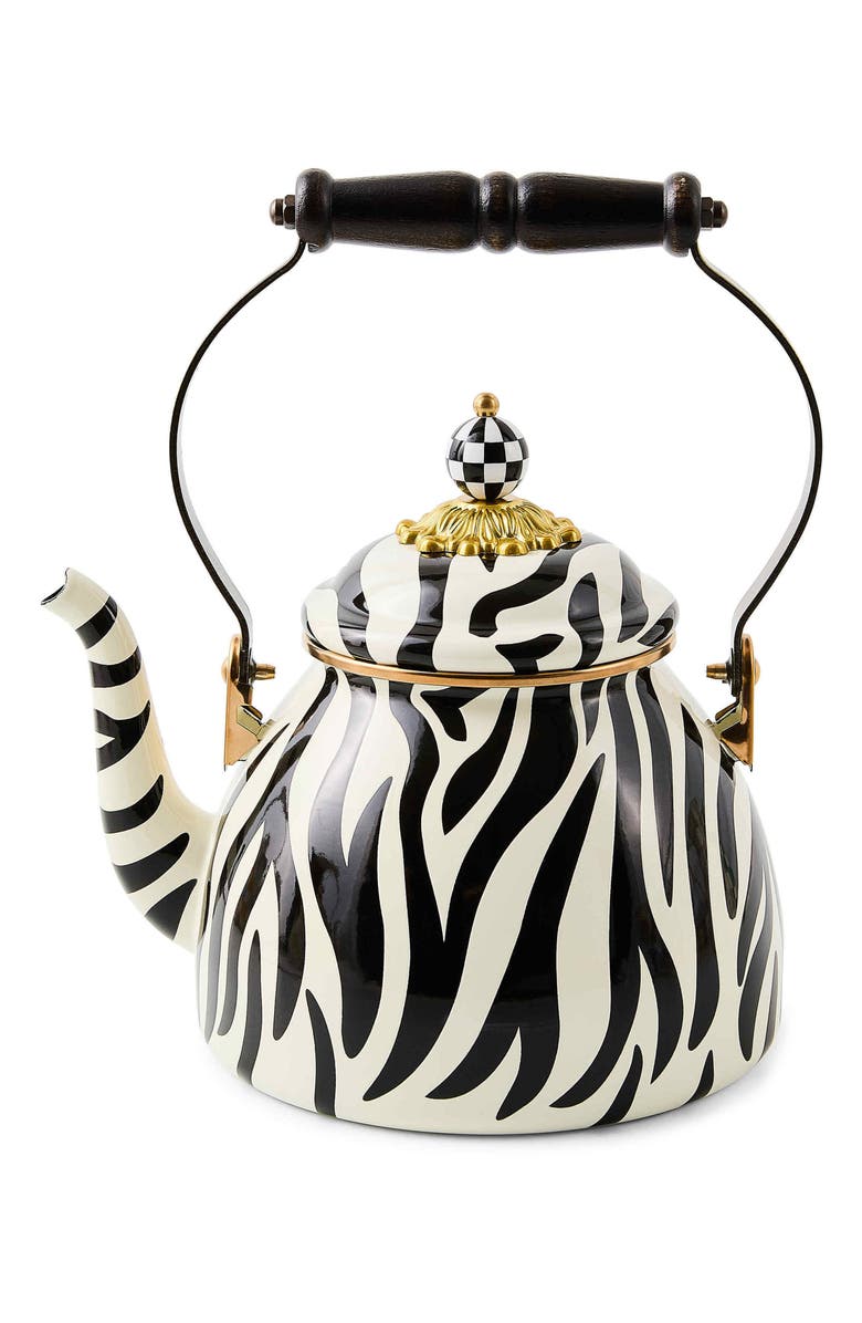 MACKENZIE CHILDS Zebra Enameled Steel 2-Quart Tea Kettle, Main, color, White