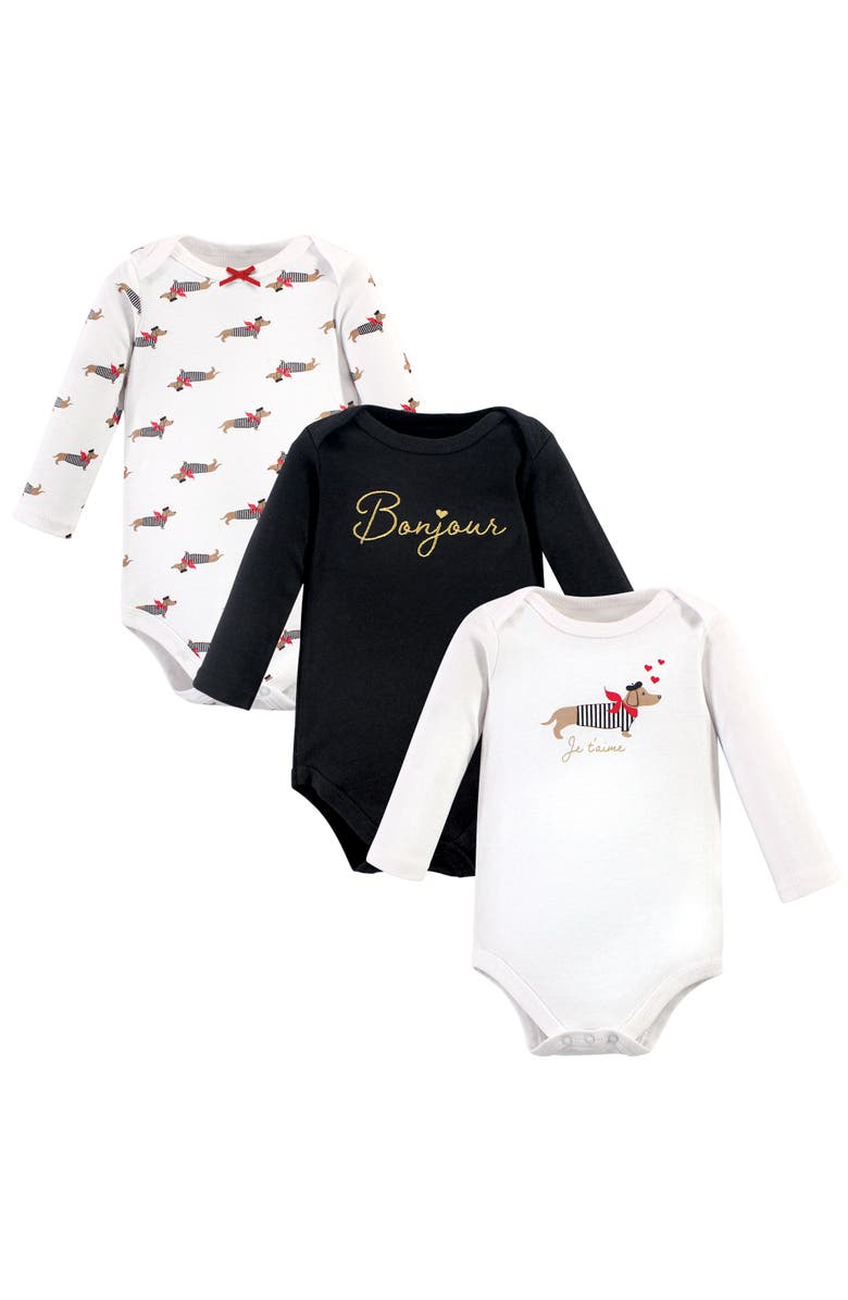 Hudson Baby Essential All-Cotton Long-Sleeve Bodysuit Triple Pack, Main, color, Bonjour Dachshund