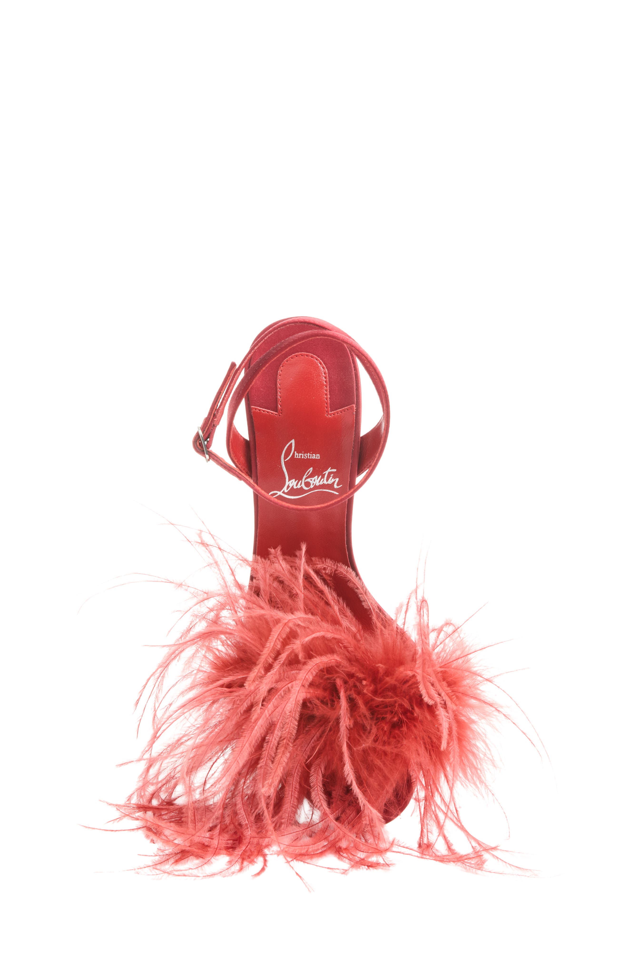Miss Z Loubipoupi Feather Embellished Ankle Strap Sandal, Alternate, color, FEVER/ LIN FEVER