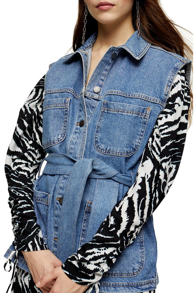 Belted Denim Vest, Main, color, MID DENIM