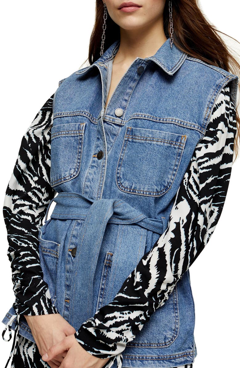 Topshop Belted Denim Vest, Main, color, 