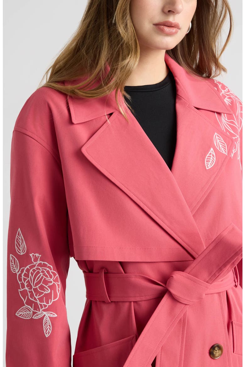 Embroidered Belted Trench Coat, Alternate, color, PITAYA RED