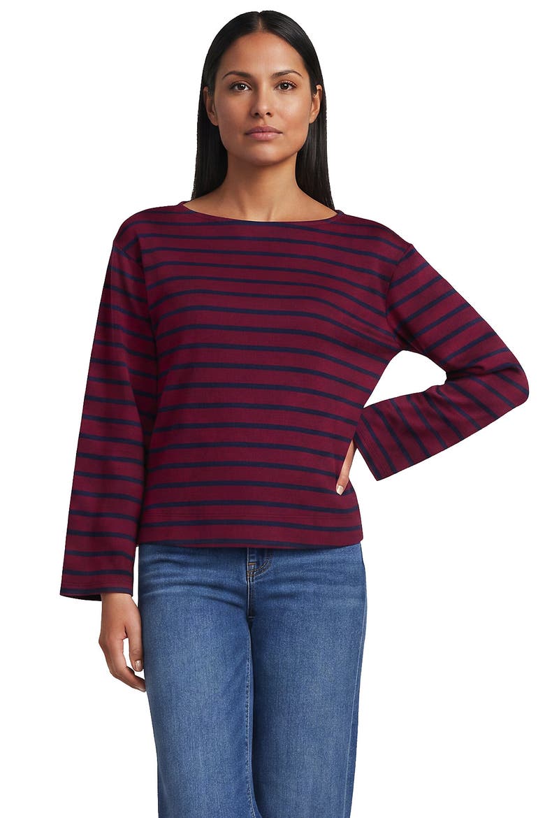 Bracelet Sleeve Supima Cotton Boat Neck Flare Sleeve Top, Main, color, Burgundy/Navy Breton Stripe