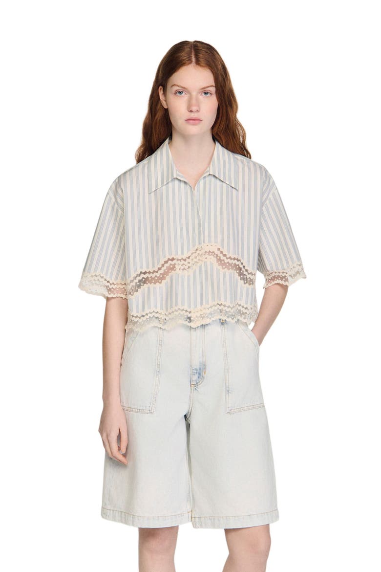 Cropped striped cotton shirt, Main, color, Ecru / bleu