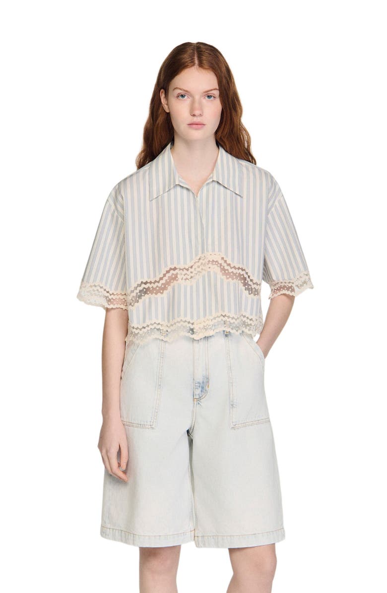SANDRO Cropped striped cotton shirt, Main, color, Ecru / Bleu