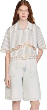 SANDRO Cropped striped cotton shirt