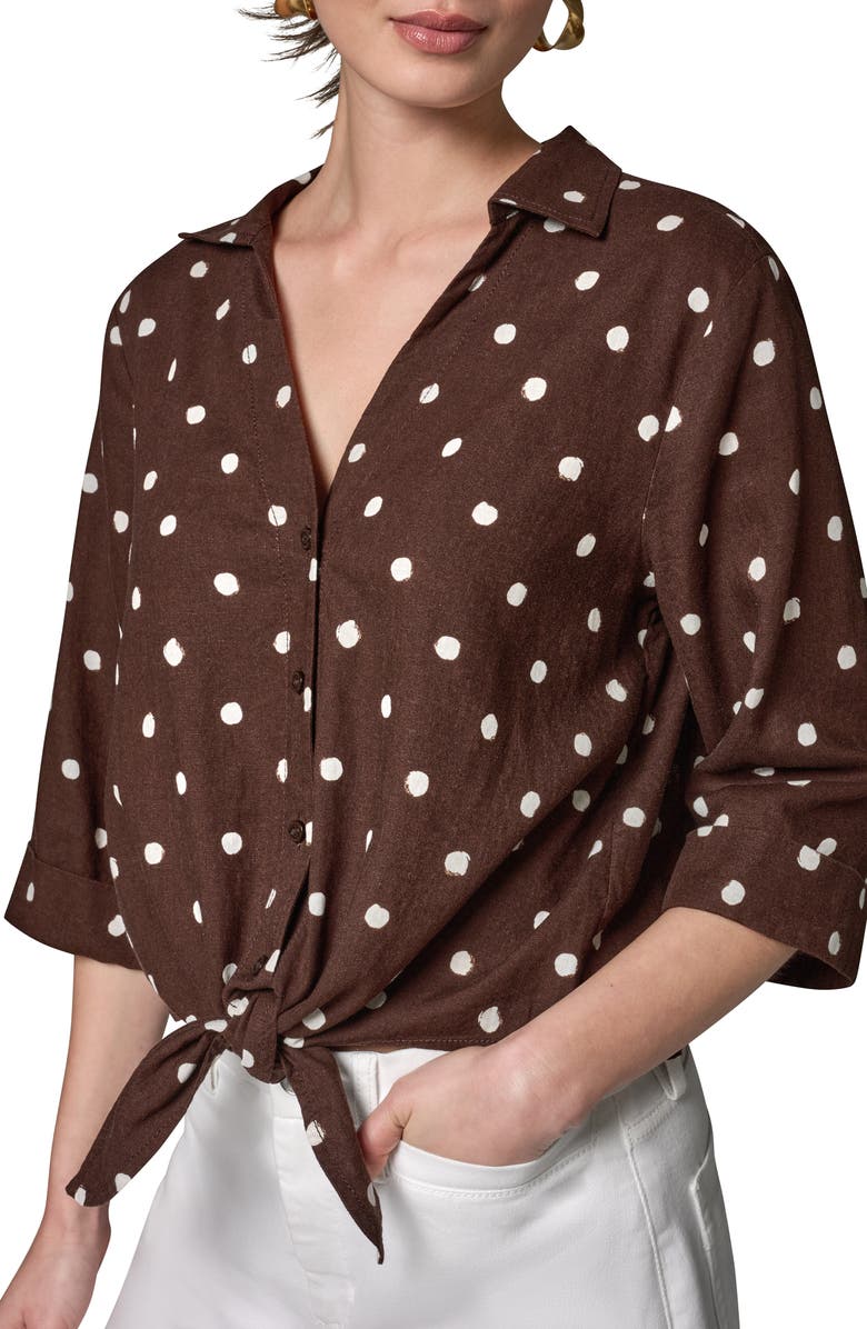 Donna Karan New York Polka Dot Linen Blend Tie Front Top, Alternate, color, Canyon Distressed Dot