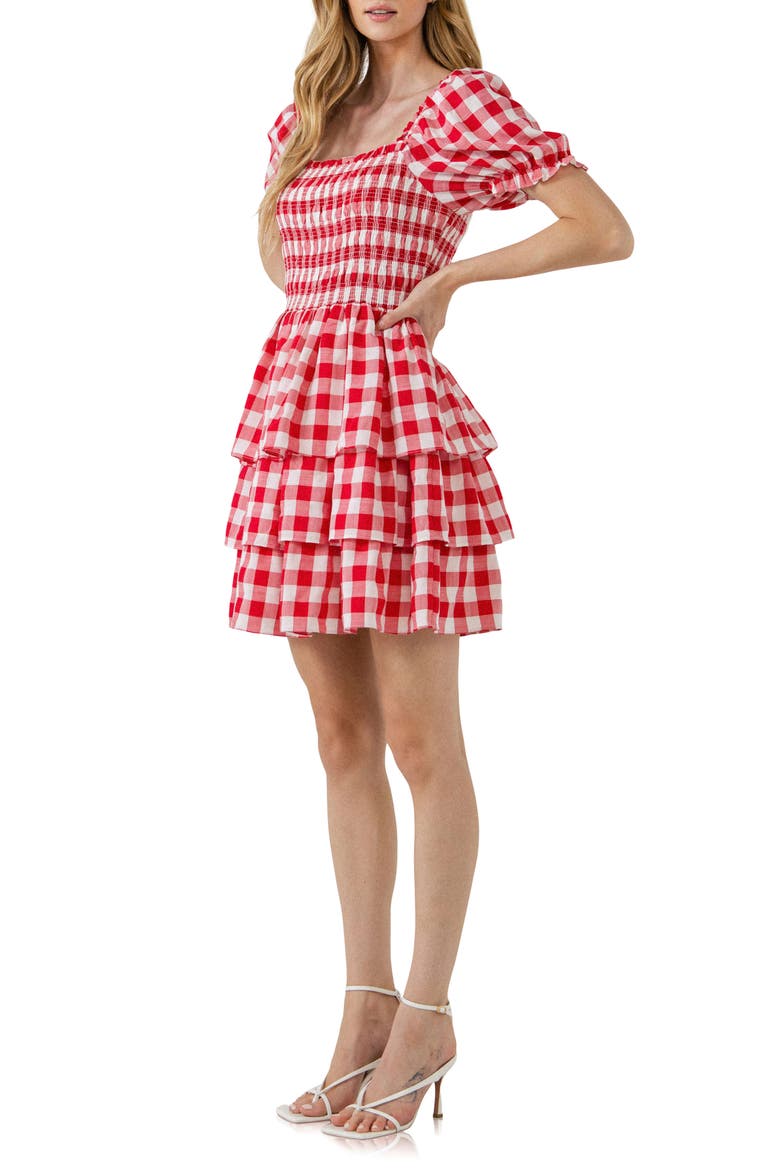 Gingham Smocked Minidress, Alternate, color, RED