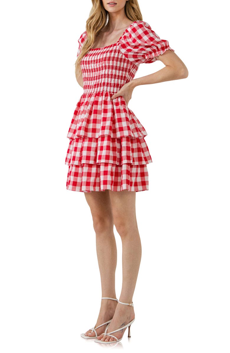 English Factory Gingham Smocked Minidress, Alternate, color, Red