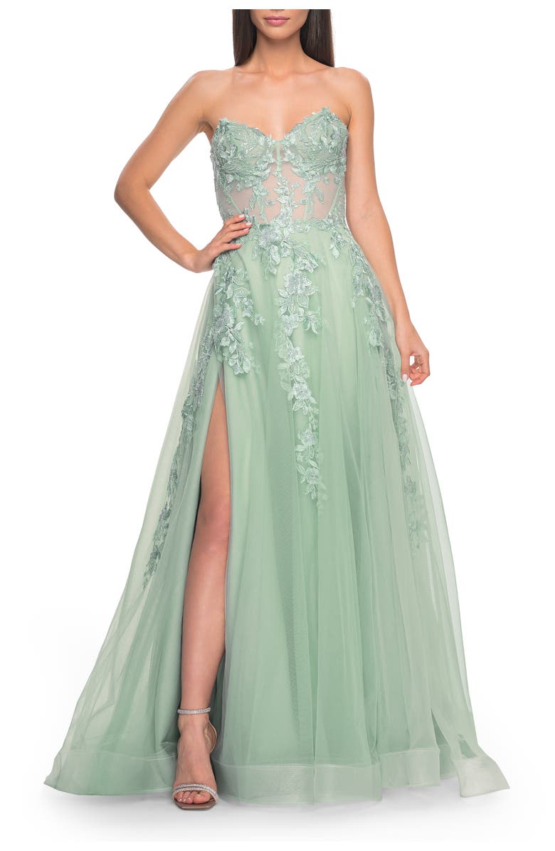 La Femme Sweetheart Strapless Gown with Beautiful Lace Applique, Main, color, Sage
