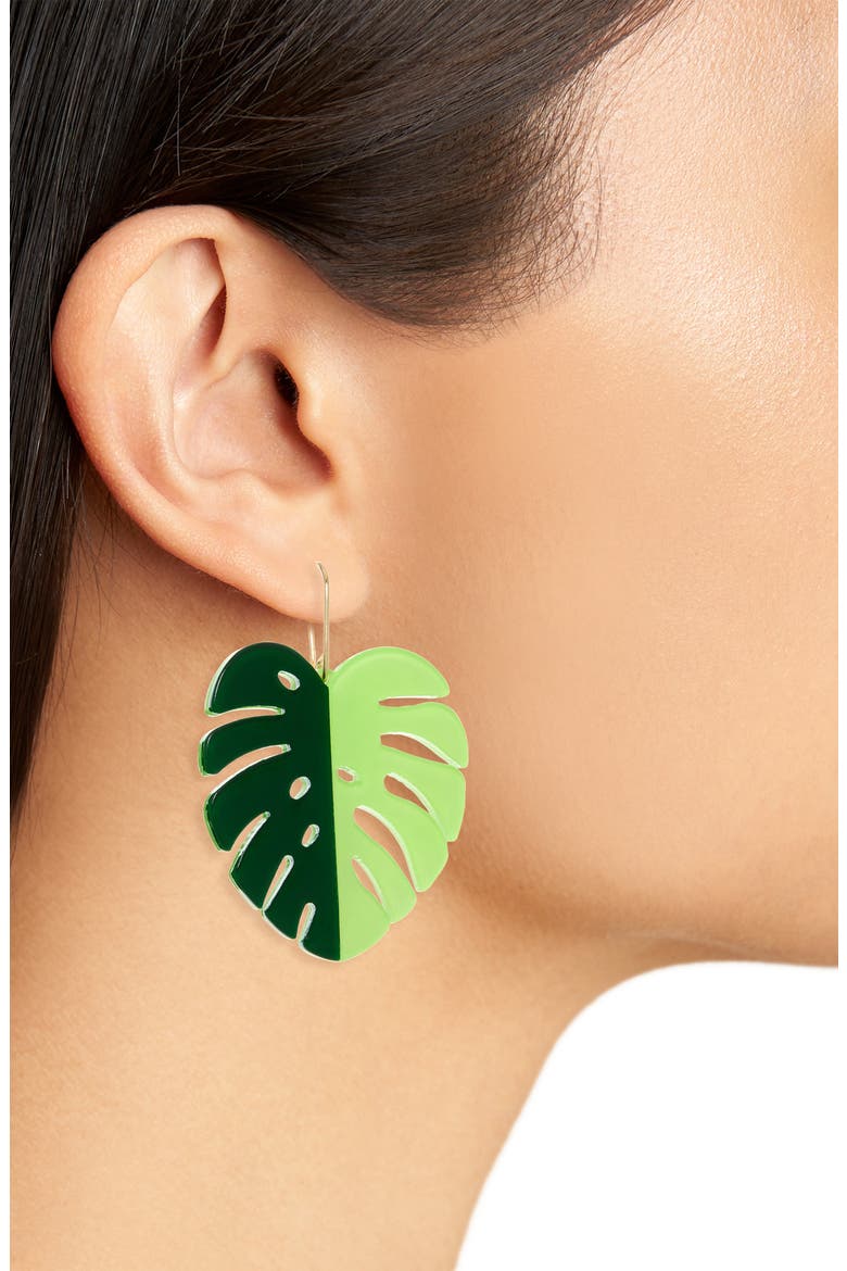 Monstera Leaf Drop Earrings, Alternate, color, GREEN MULTI- GOLD