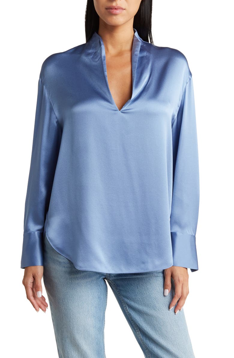 Vince Long Sleeve Split Neck Silk Blouse, Main, color, 