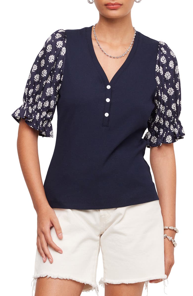 FIFTEEN TWENTY Tamra Contrast Puff Sleeve Henley, Main, color, Navy