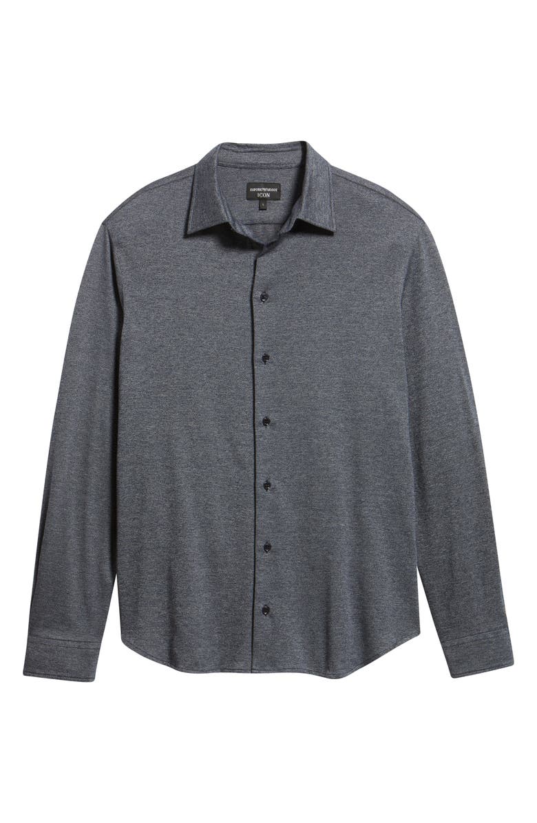 Emporio Armani Heathered Knit Cotton Button-Up Shirt, Alternate, color, Blue