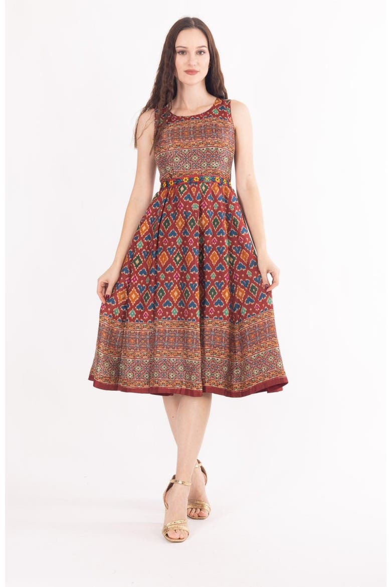 Russet Ajrakh Print Midi Dress, Main, color, Maroon