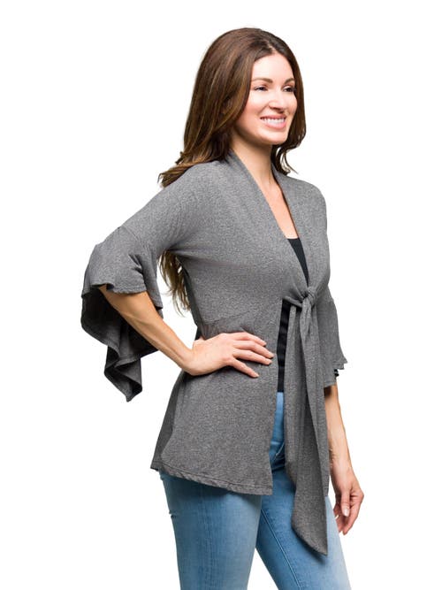 24seven Comfort Apparel Tie Front Bell Sleeve Cardigan In Gray