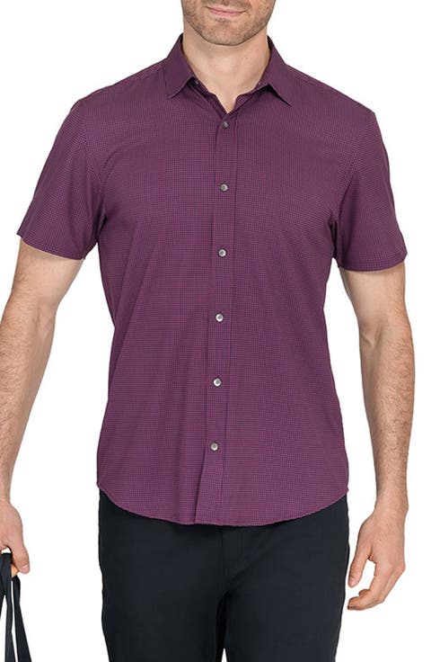 Trim Fit Houndstooth Short Sleeve Performance Button-Up Shirt