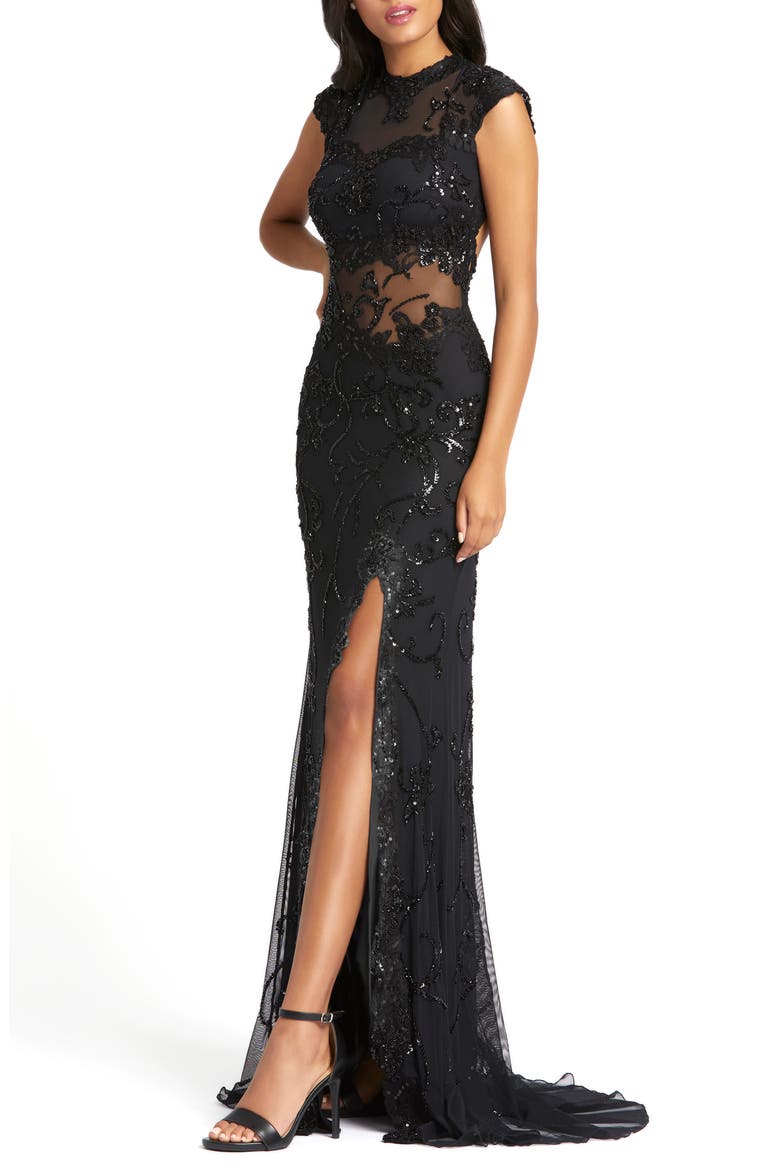 Illusion Sequin Gown, Main, color, BLACK
